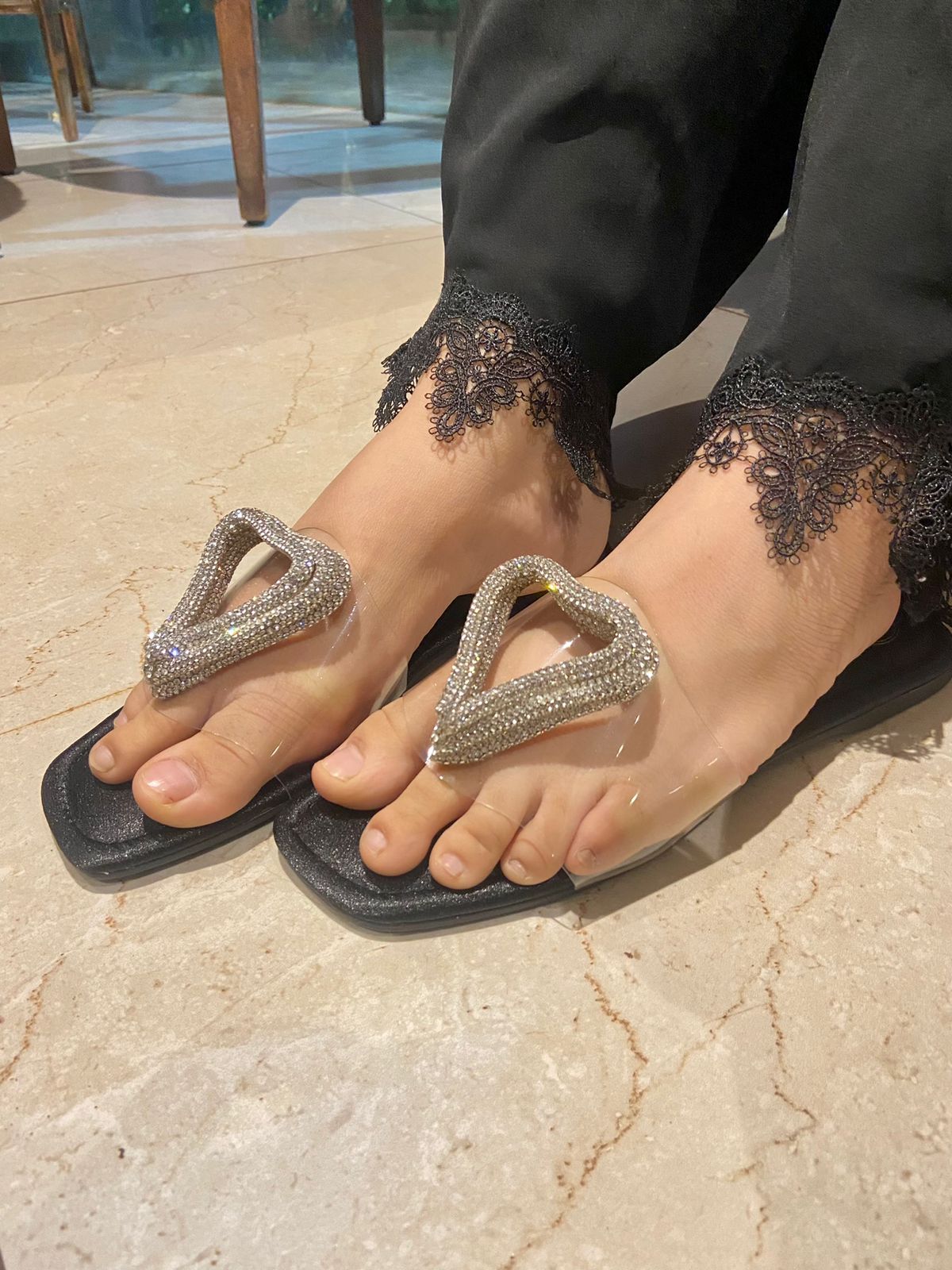Silver Heart Black Base Open Toe Flats