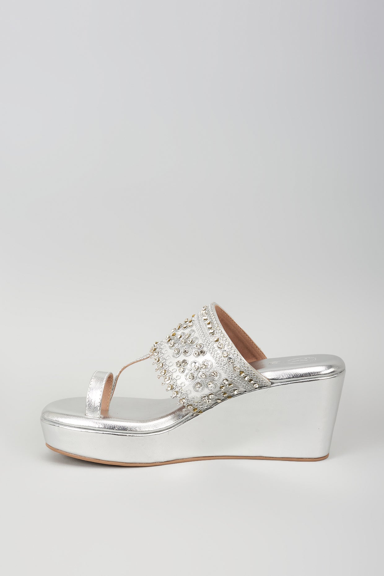 Silver Synthetic Leather Glitter Embroidered Wedges