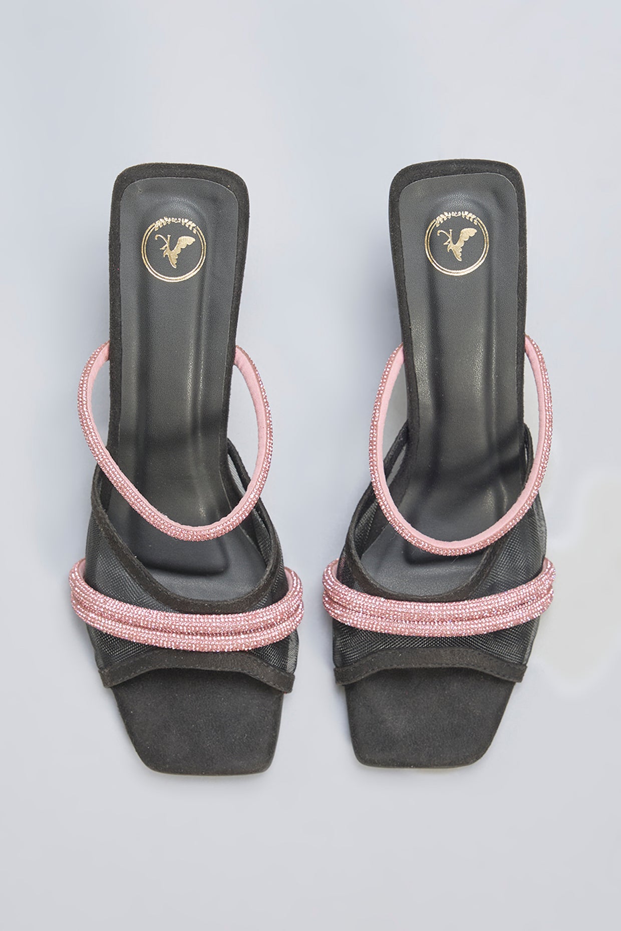 Black Vegan Leather Pink Rhinestone Embellished Square-Shaped Heels