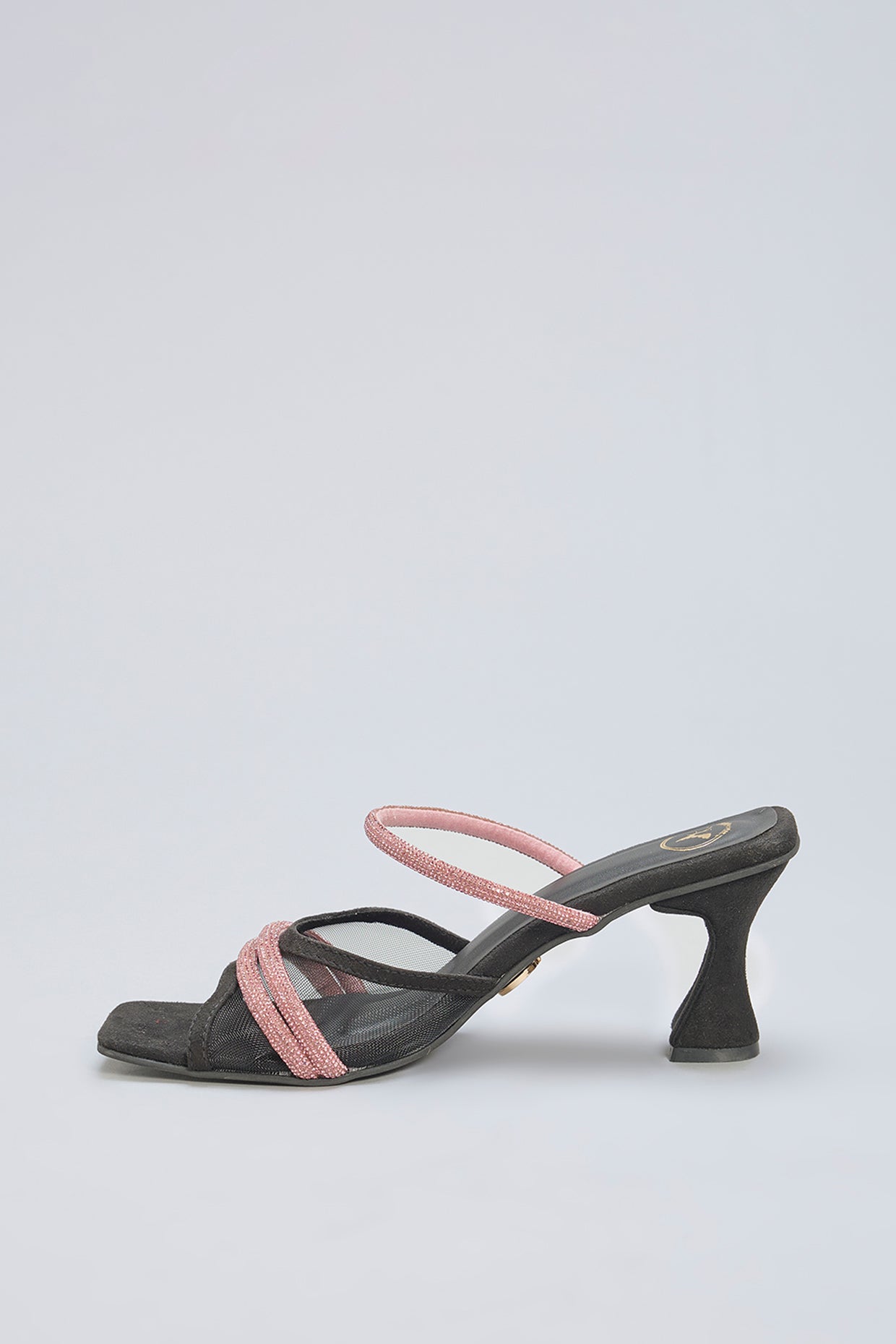 Black Vegan Leather Pink Rhinestone Embellished Square-Shaped Heels