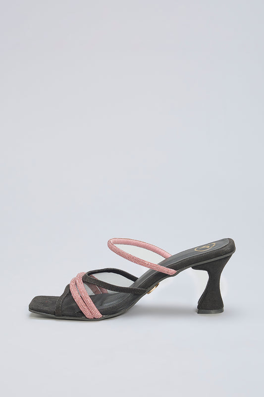 Black Vegan Leather Pink Rhinestone Embellished Square-Shaped Heels