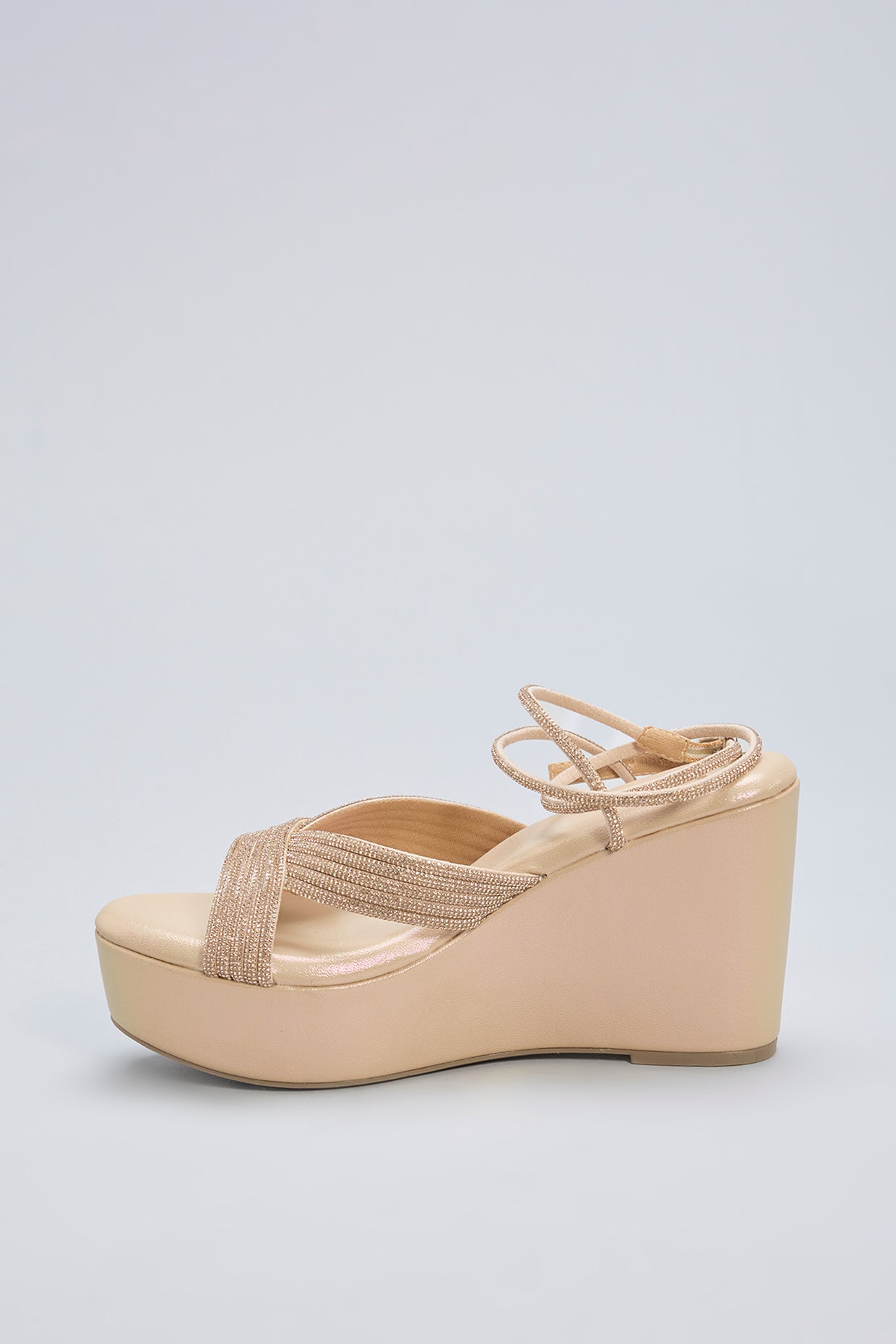 Gold Vegan Leather Champagne Rhinestone Embellished Wedges