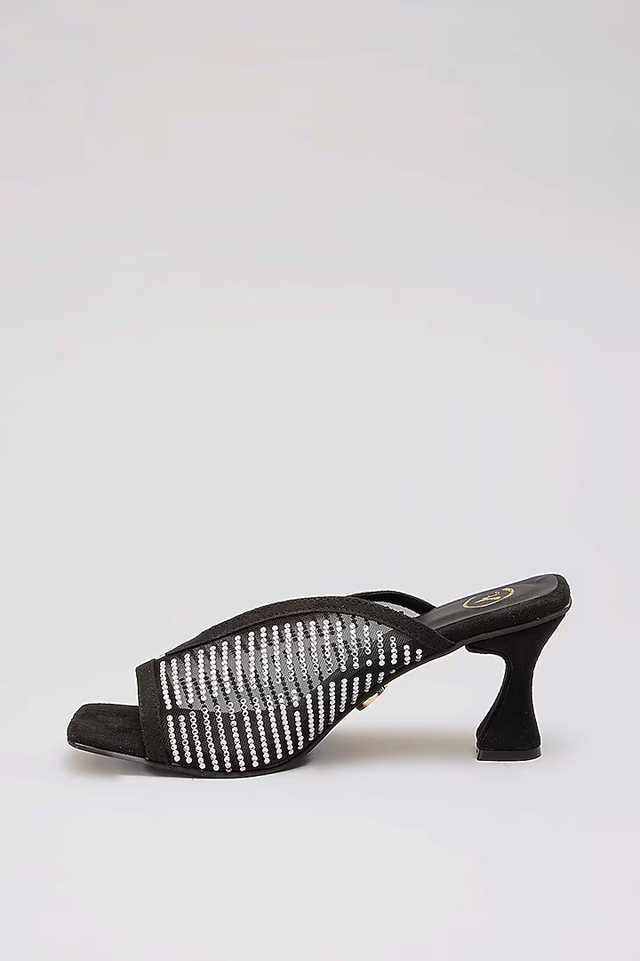 Black With White Studed Net Heel