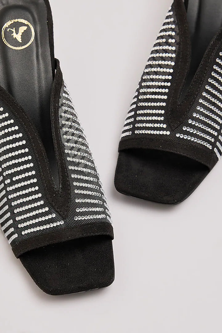 Black With White Studed Net Heel
