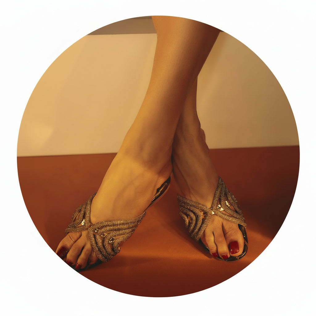Feet wearing ornate gold sandals on a plain background