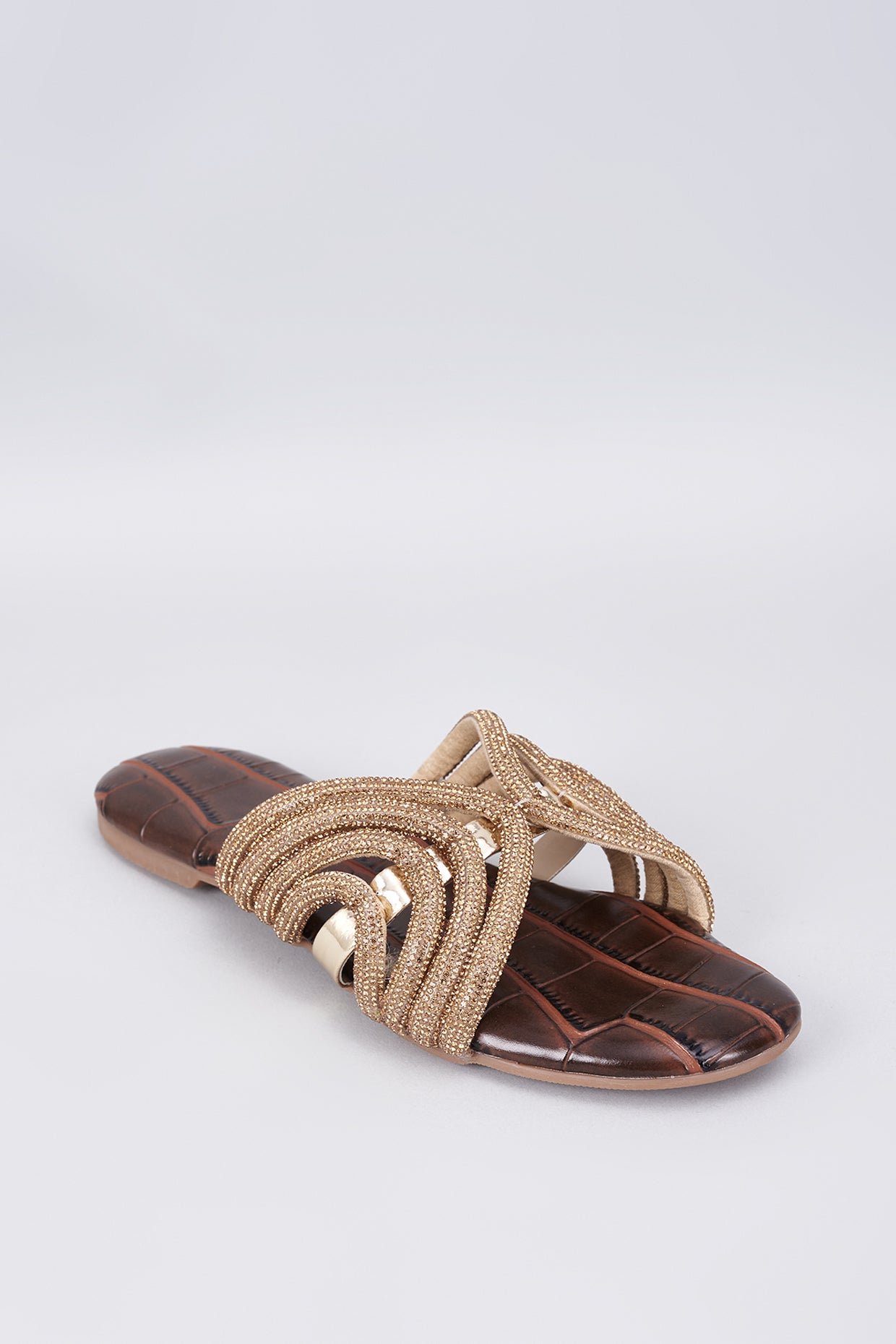 Brown Synthetic & Vegan Diamond Rhinestone Embellished Crocs Flats