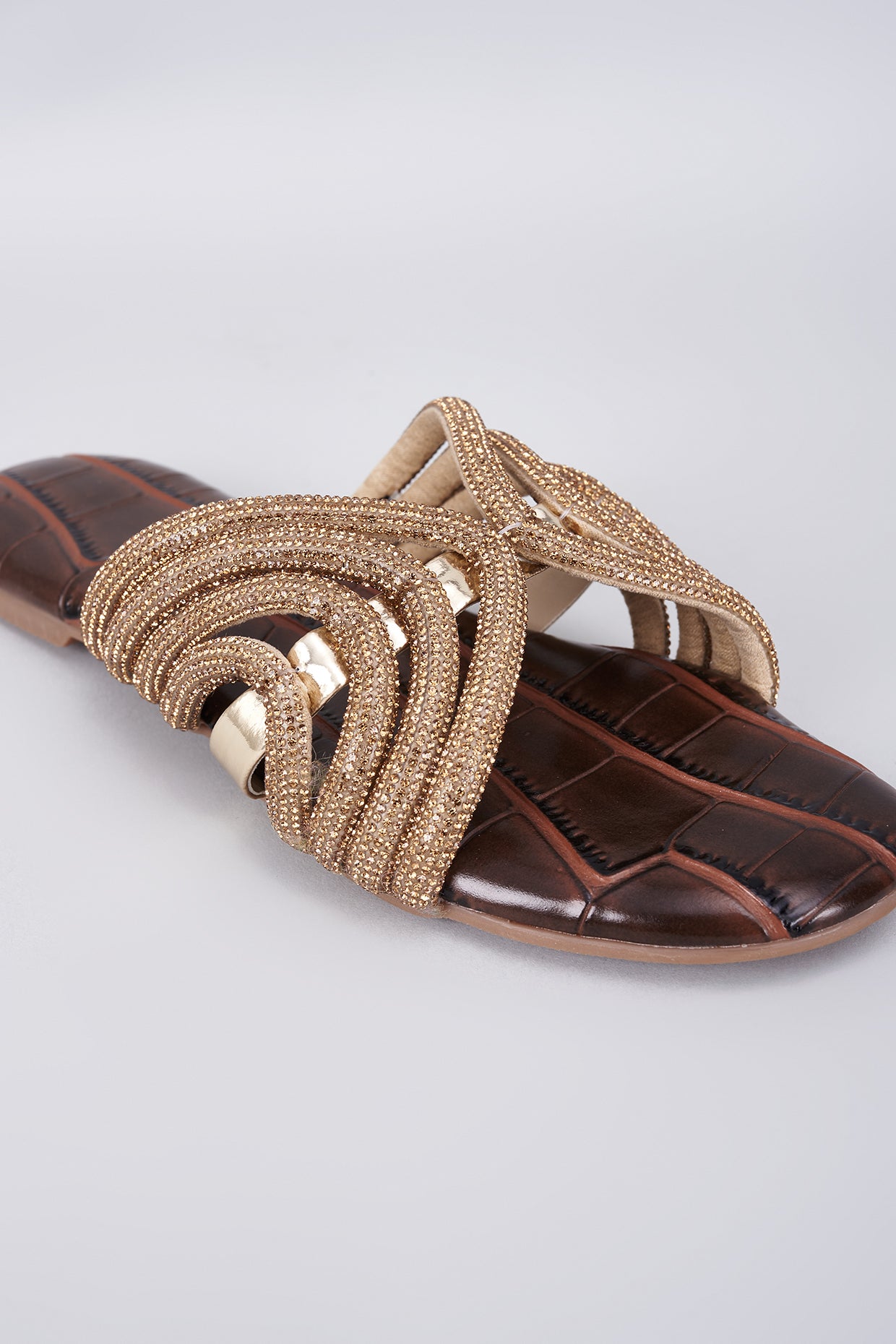Brown Synthetic & Vegan Diamond Rhinestone Embellished Crocs Flats