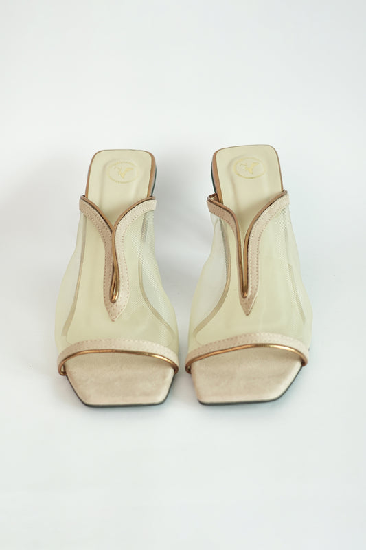 Gold Shark Net Open Toe Slip on Heels