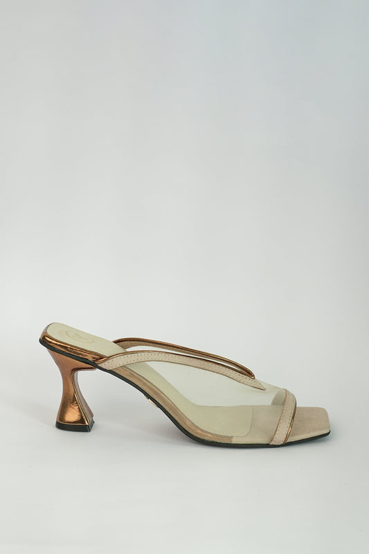 Gold Shark Net Open Toe Slip on Heels