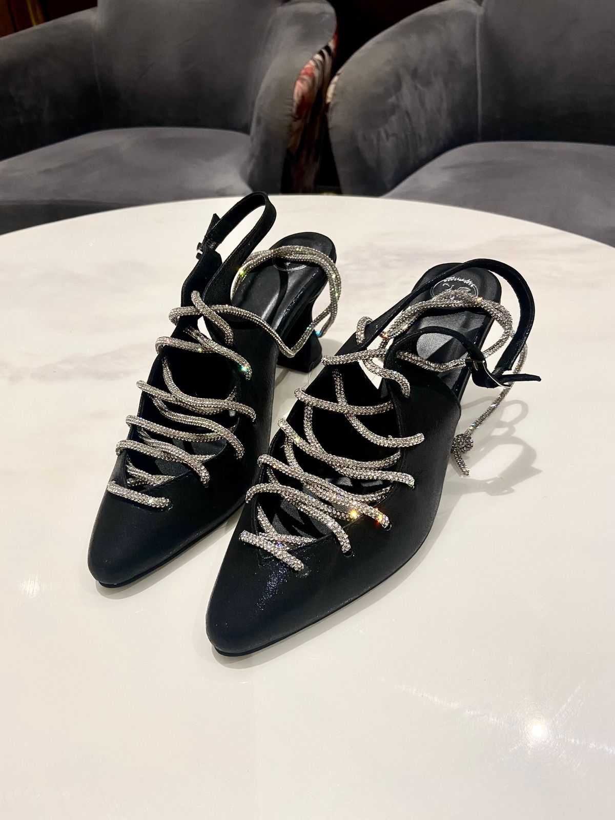 Black Stringy Sneaker Open Toe Heel Sandals