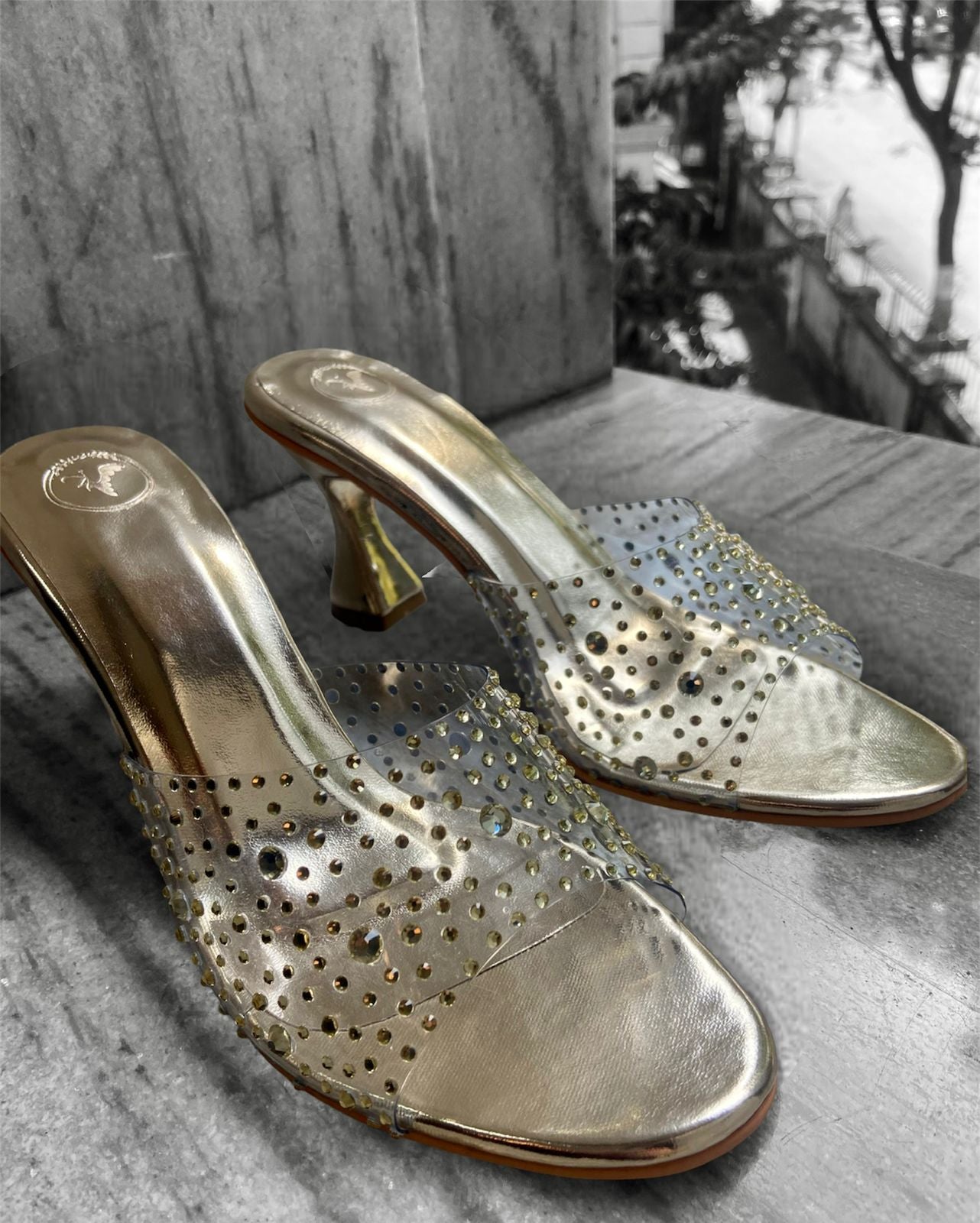 Gold Stud Rockers Open Toe Heel Sandals