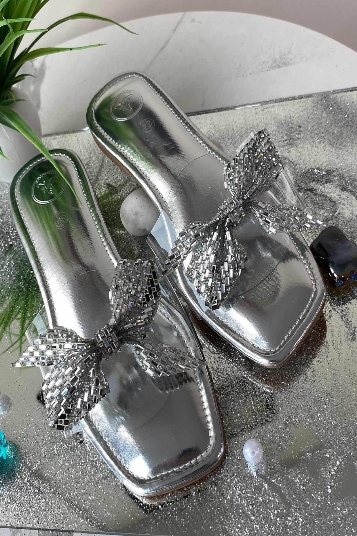 Silver Bow Silver Base Open Toe Flats