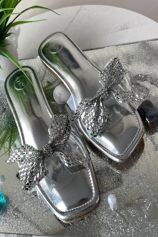Silver Bow Silver Base Open Toe Flats