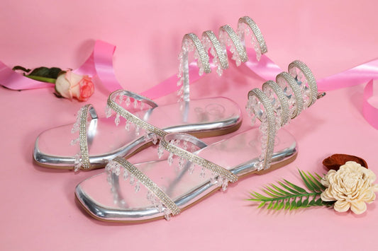 Silver Open Toe Lace-Ups Spring with work Flat