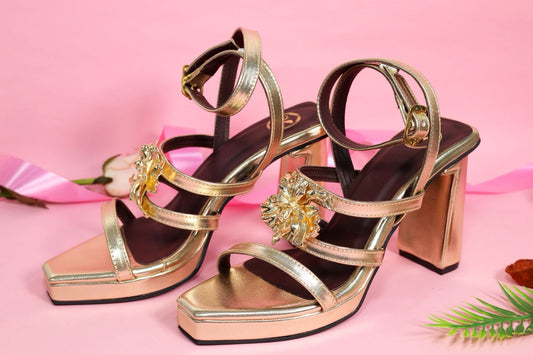 Zeno Gold Open Toe Faux Leather Block Heels for Women