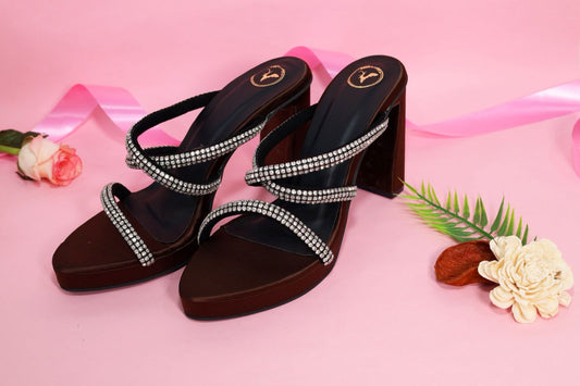 Black Open Toe Slip on Closure Mocha Star Block Heel