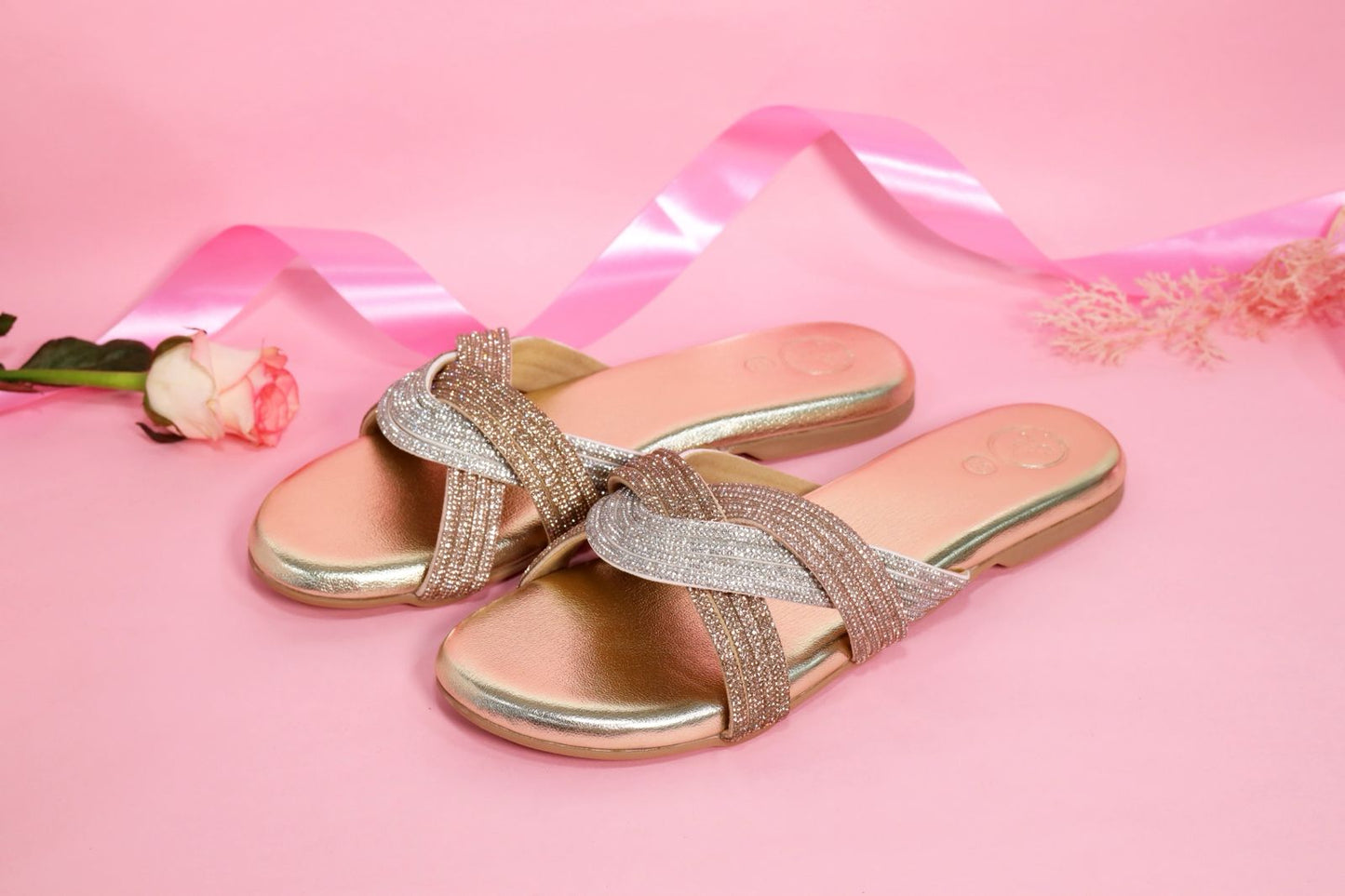 Gold Open Toe Slip on closure Trio Flats