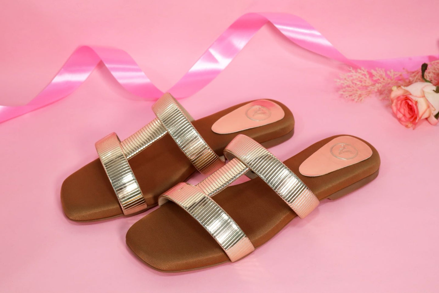 Gold Open Toe Slip on closure H Flats