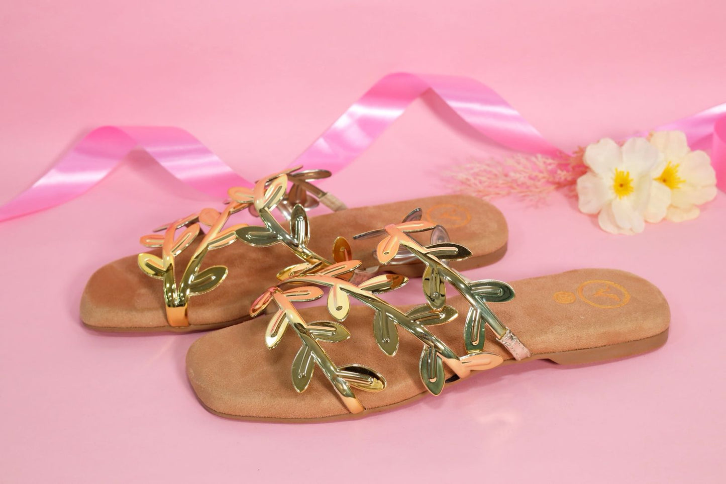 Gold Alia Bhatt Faux Leather Open Toe Gold Leafy Flat