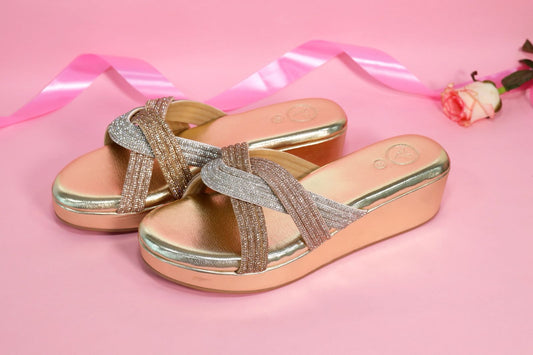 Women Gold Open Toe Faux leather Trio Wedge