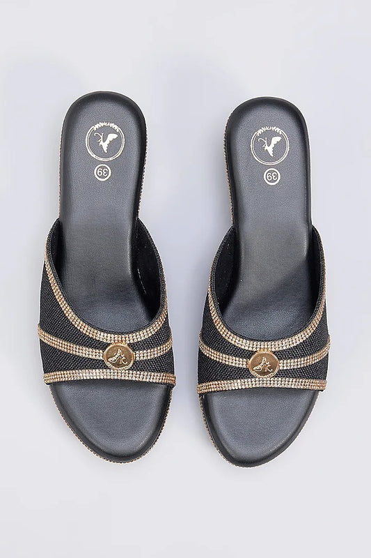 BLACK LOGO GOLD SYNTHETIC LEATHER METALLIC EMBROIDERED WEDGE