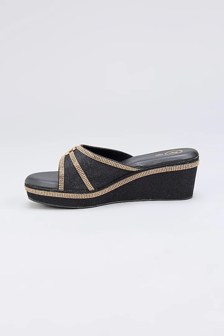 BLACK LOGO GOLD SYNTHETIC LEATHER METALLIC EMBROIDERED WEDGE