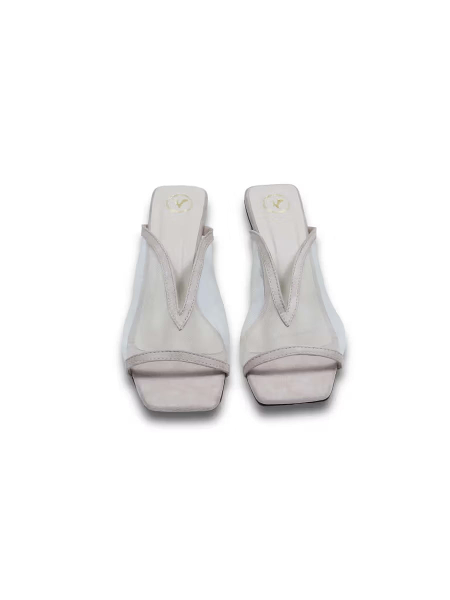 Beige Shark Net Open Toe Heels