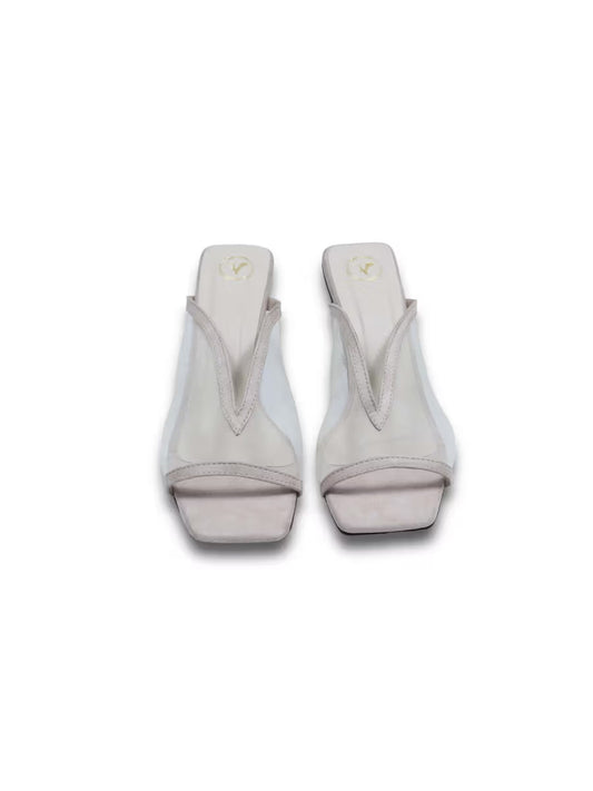Beige Shark Net Open Toe Heels