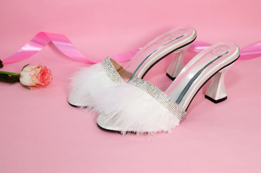 Women's Open Toe White Fur Heel
